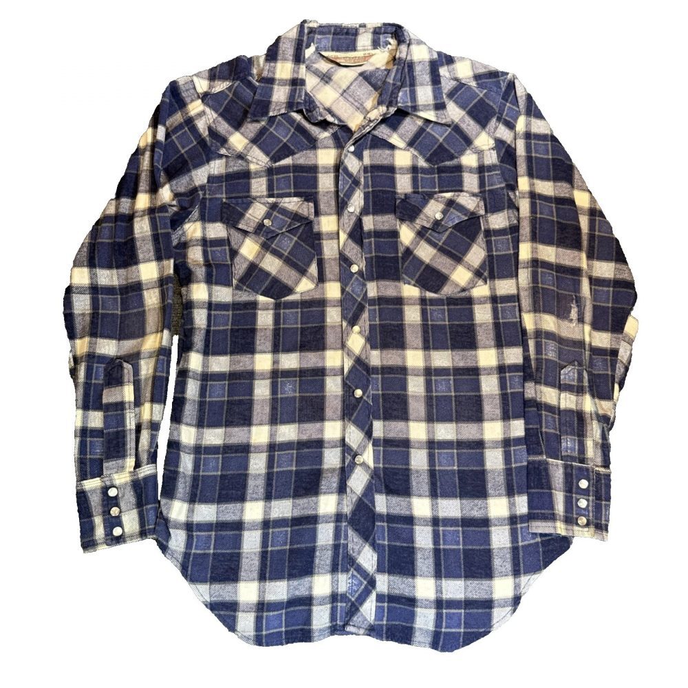 VTG Sears Men L Blue Plaid Flannel Western Pearl Snap Shirt Distressed Cowboy